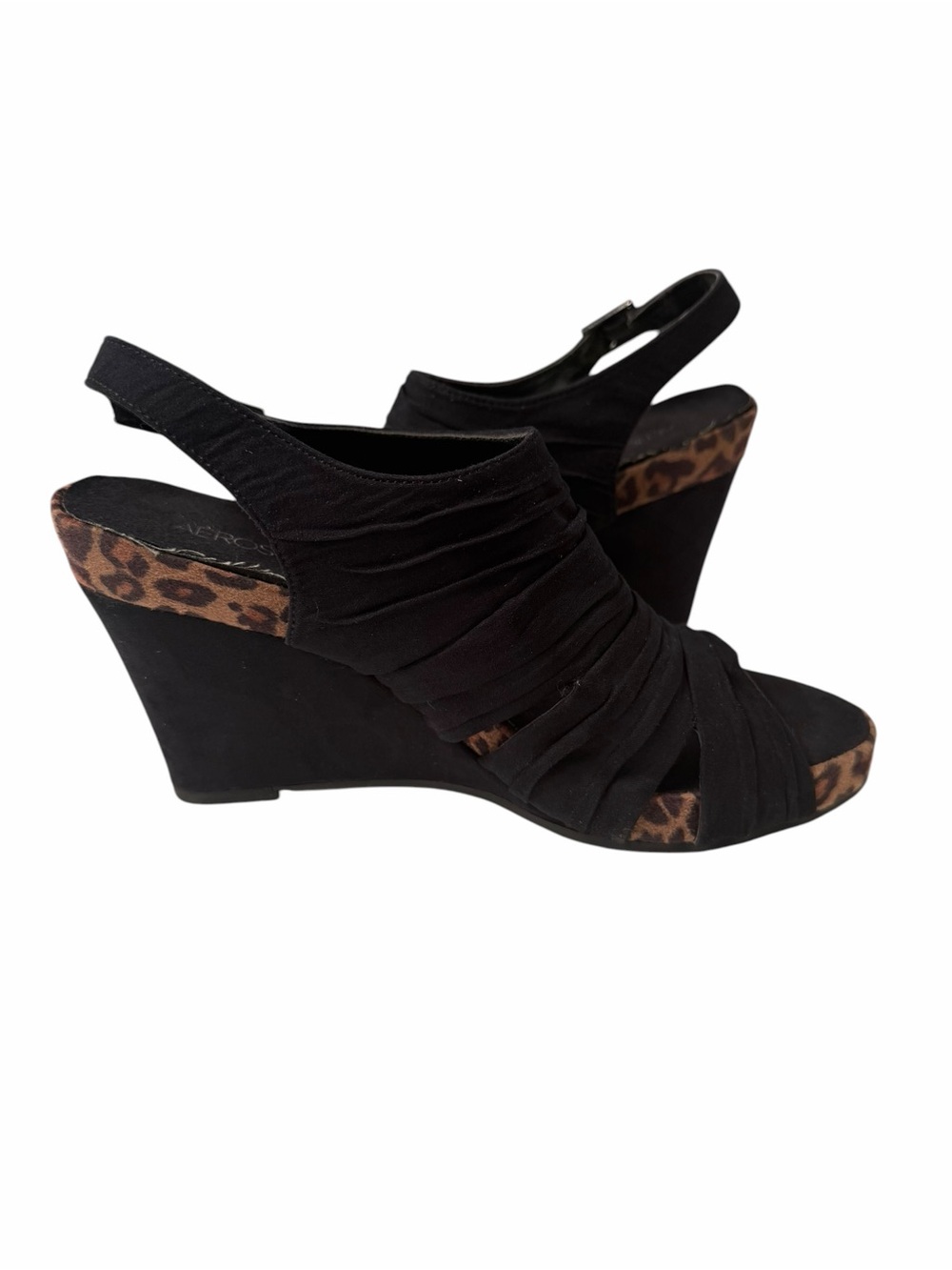 Aerosoles Black Ruched Fabric Wedge Sandals w/ Leopard Trim – Size 9 - Picture 6 of 13